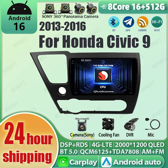 Android 16 Multimedia Player For Honda Civic 9 9th US Sender Coupe Car Radio 2k Screen Navigation GPS Carplay Stereo Head Unit