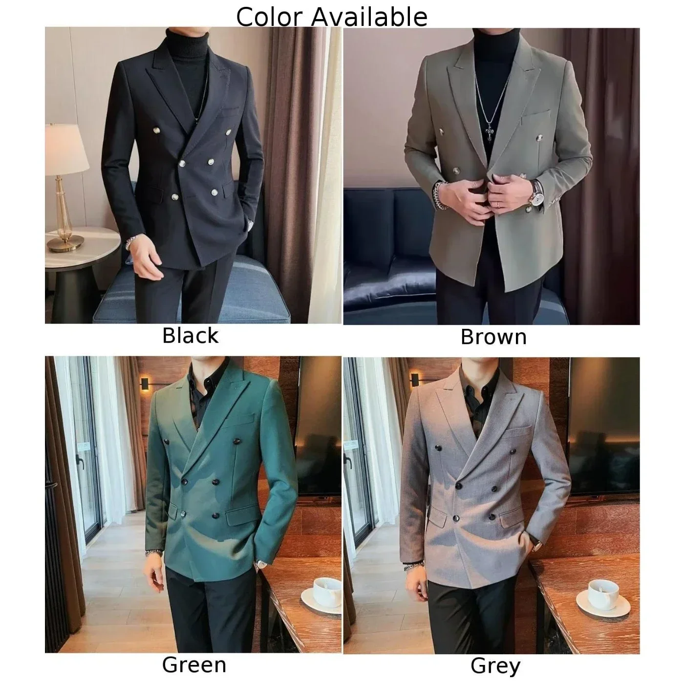 Mens Slim Fit Double Breasted Peak Lapel Blazer Business Wedding Party Suit Coat