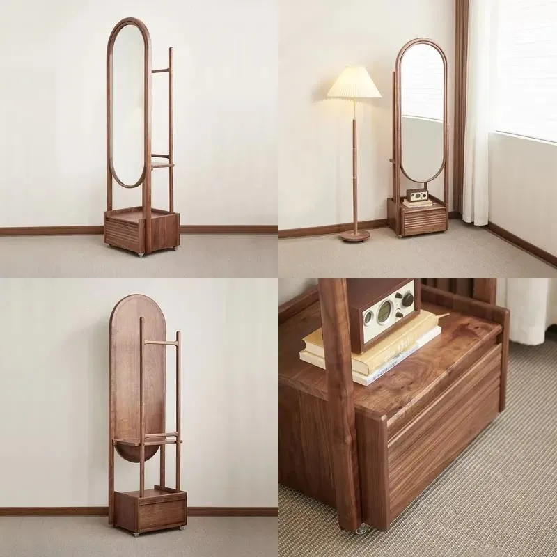 North American Black Walnut Rotating Full Length Floor Mirror with Hanger and Storage Drawer