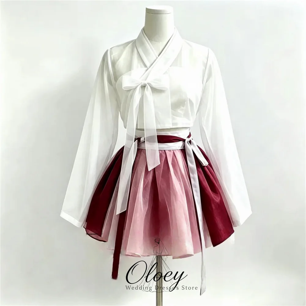 OLOEY Modern Multiple Colors Two Piece Full Sleeve Korea Wedding Photo Shoot Dress Bow A-Line Mini Reception Dress Customized