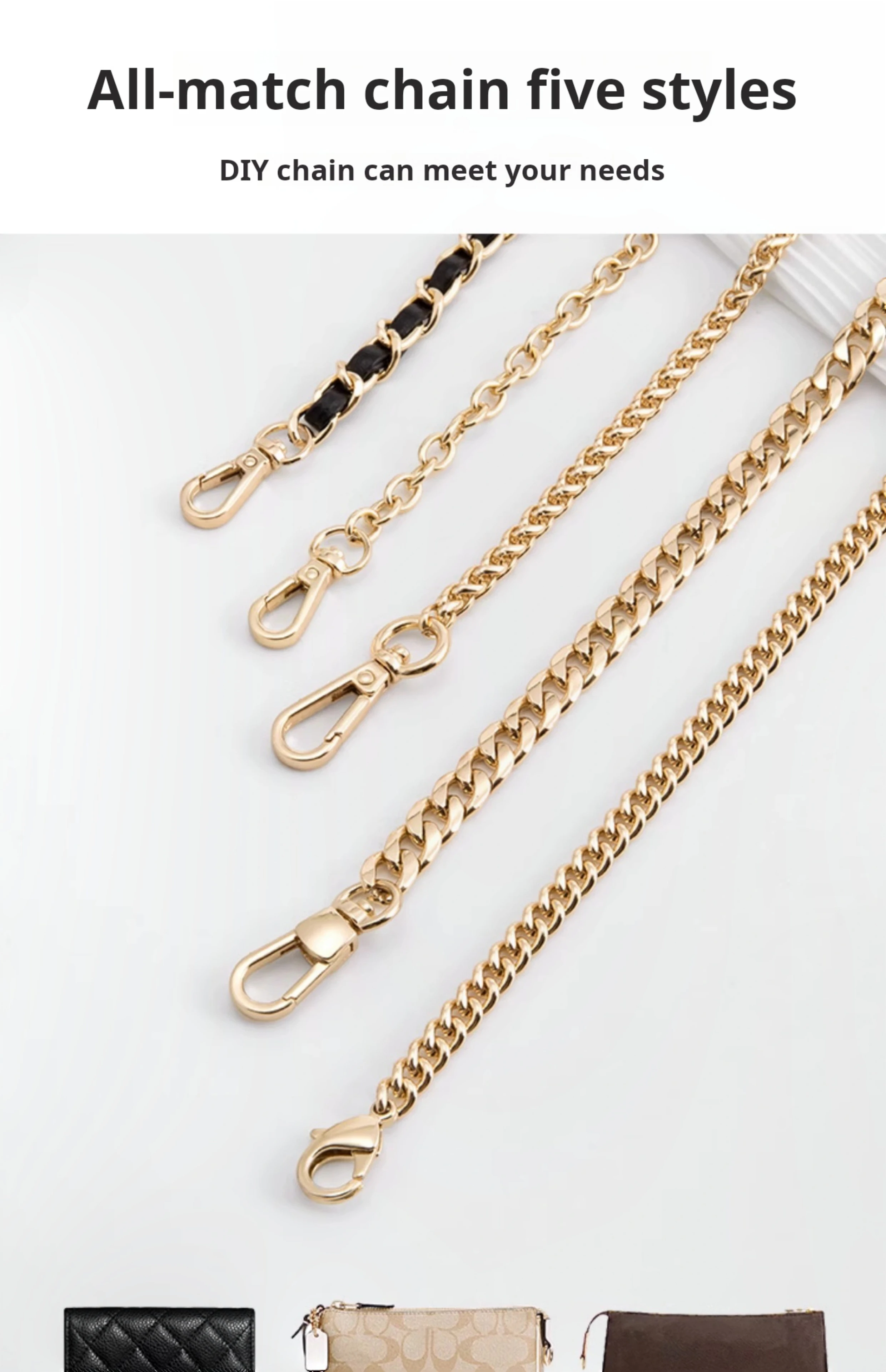 Chain strap Golden Bag Chain Accessories Metal Extension Chains Underarm Crossbody Shoulder Belt Replacement For Women's Bag