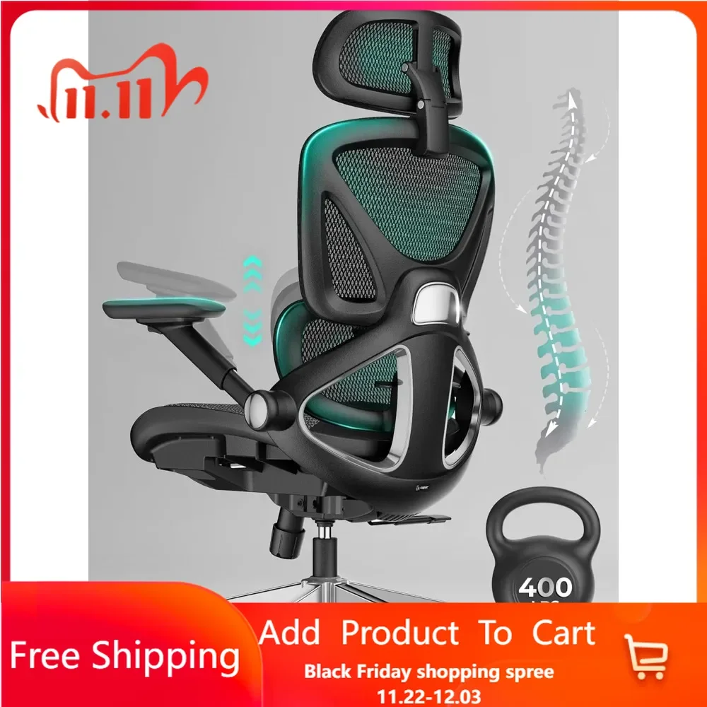 Mesh Office Chair, Adjustable Lumbar High Back Desk Chair 400lbs, 4D Flip-up Arms, 3-Level Tilt Backrest, 3D Headrest