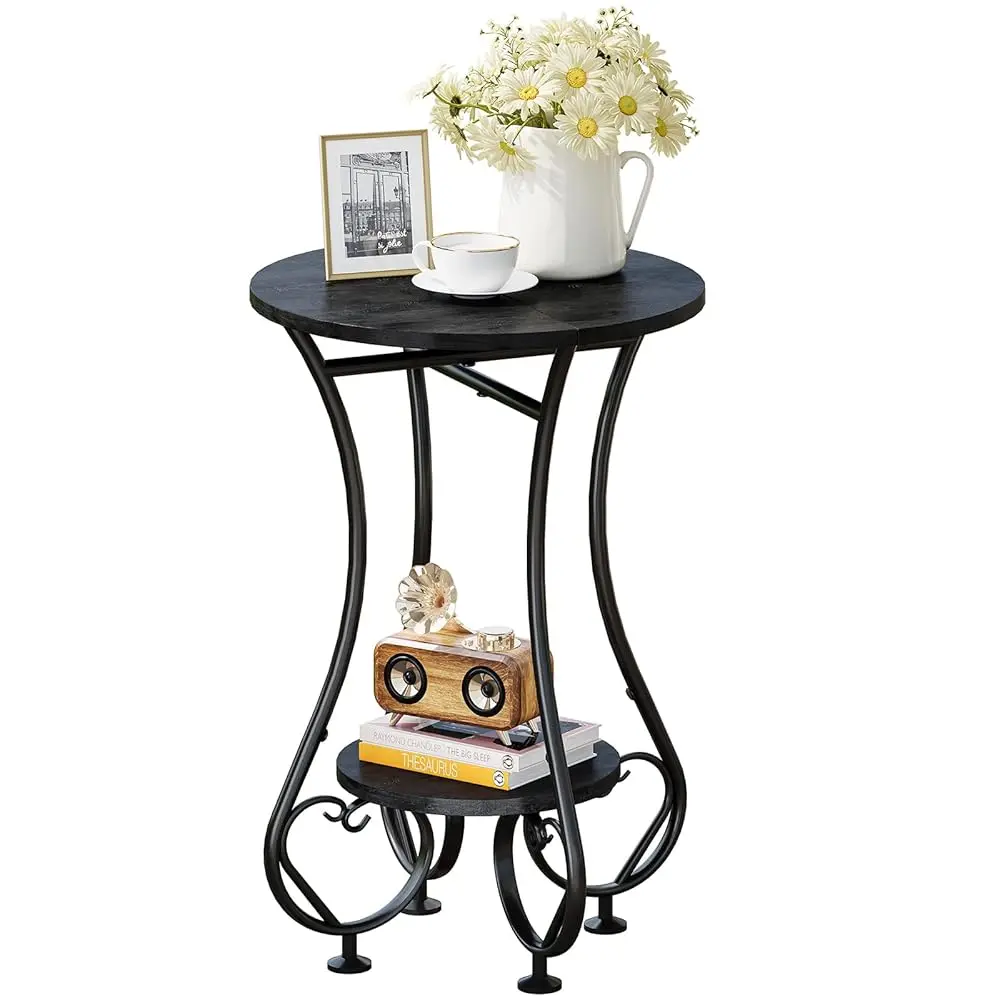 

Small Round Side Table,Round End Table for Small Spaces - Black Metal Nightstand with Adjustable Feet,Couch Sofa Coffee Tabl
