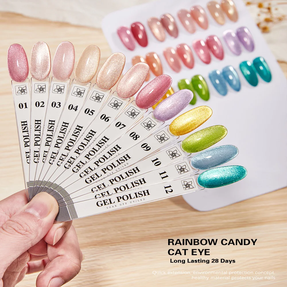 

Vendeeni 12 цветов/набор Радужный гель-лак для ногтей «кошачий глаз» УФ-светодиодный магнитный блестящий порошок маникюрный лак для ногтей с цветной картой