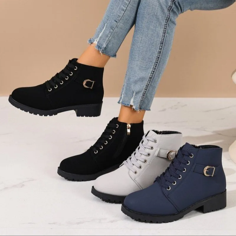 Women Round Toe Lace Up D Metal Buckle Side Zipper Low Block Heel Ankle Combat Boots Daily Street Outdoor Footwear