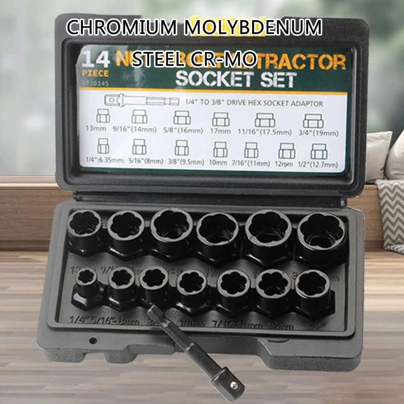 

14Pcs/set Bolt & Nut Remover Set Steel Bolt Extractor Tool with Solid Storage Case Damaged Remover Extractor Socket Tool