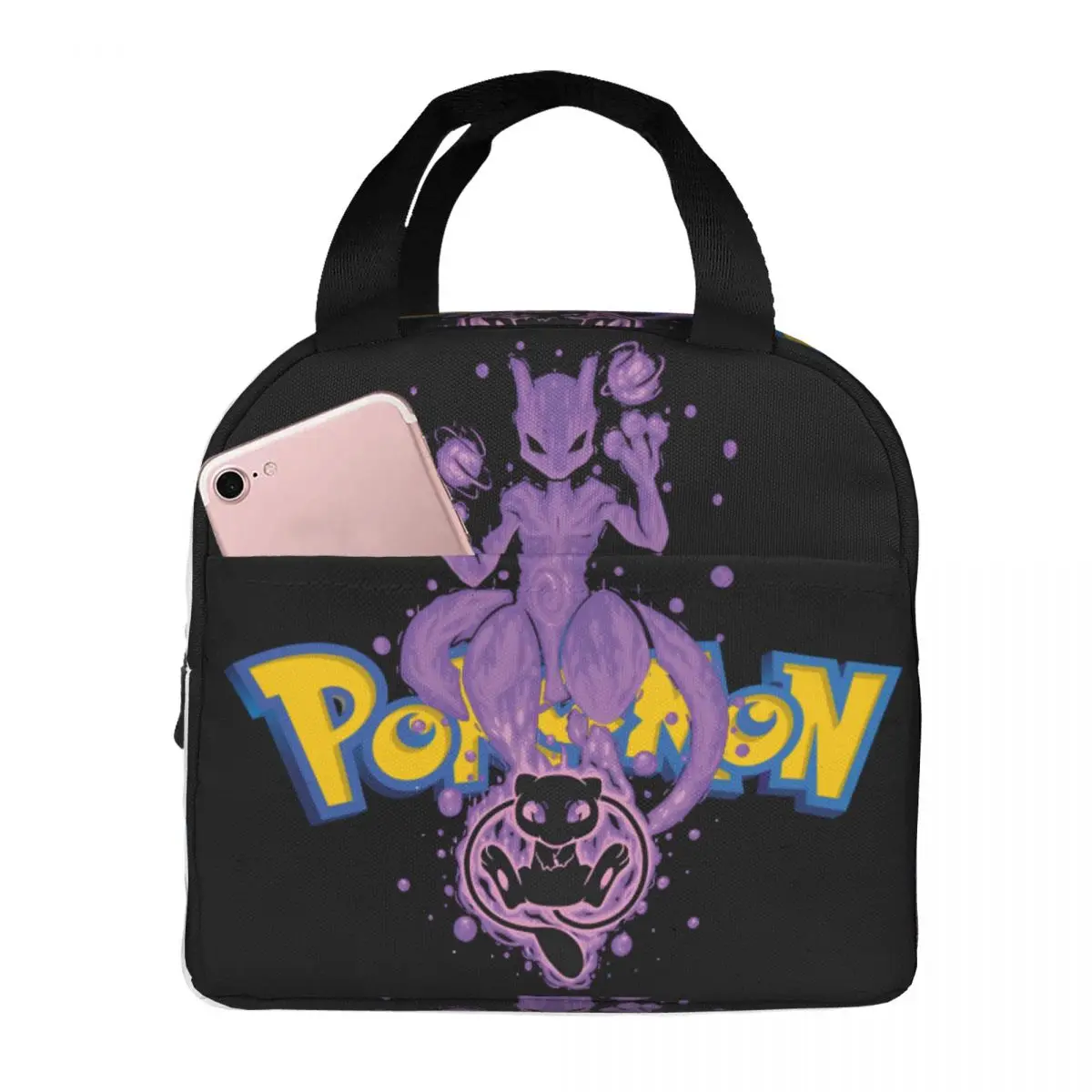 For School Silhouette Psychic Genetic Evolution Large Capacity Handheld Pokemon Hand Bag Grils Lunch Container