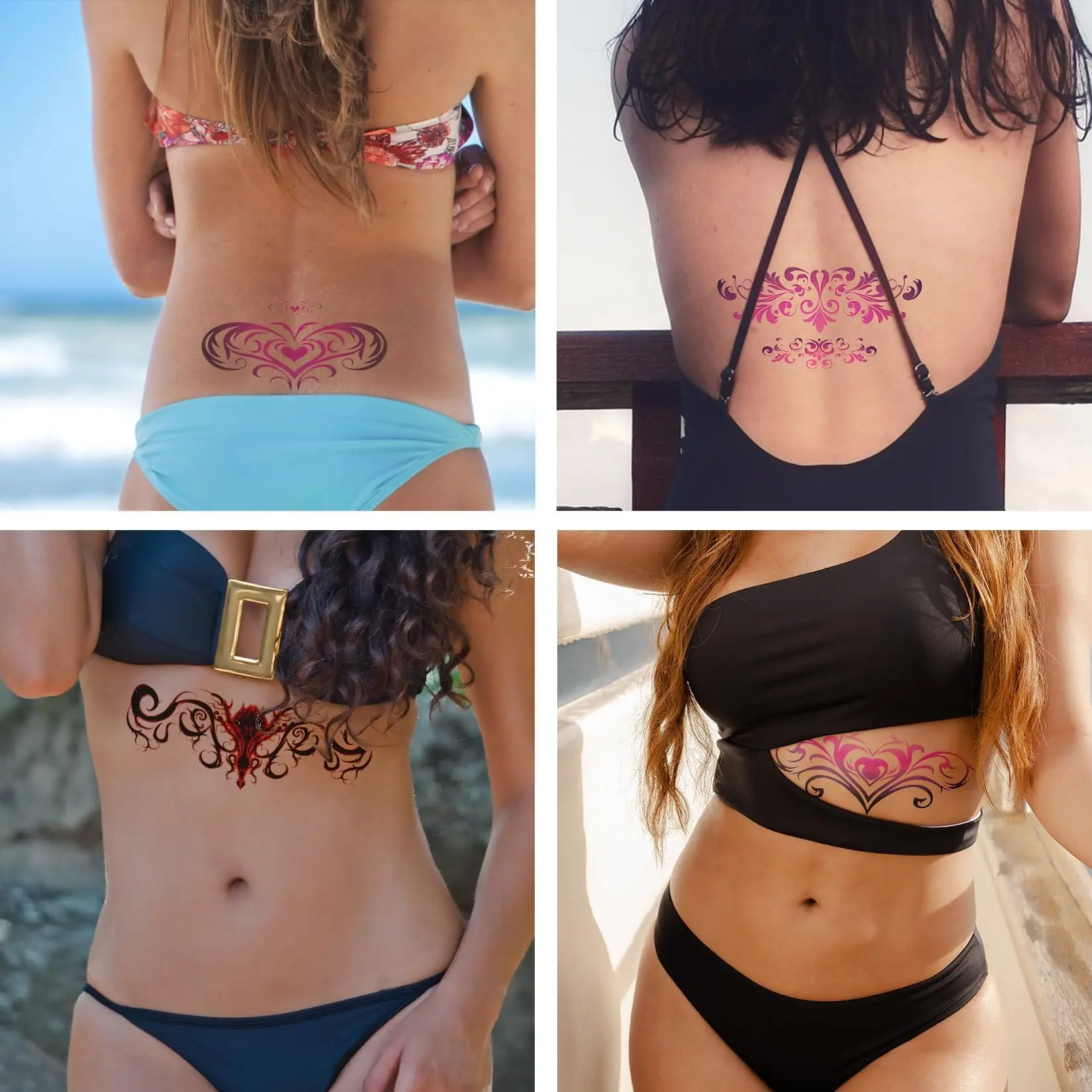 وشم مؤقت مثير للبطن الشيطانية -8 أوراق من تصميمات القلب الملونة غطاء ندوب وشم لزر البطن والخصر الخلفي
