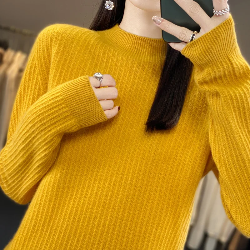 First-line ready-to-wear women's half-height sweater vertical bar seamless trendy women's pullover 100% wool winter style2023