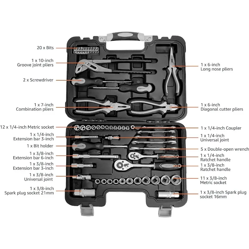 Amazon Basics 65-Piece General Household Home Repair and Mechanic's Hand Tool Kit Set, Black