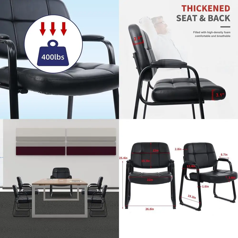 

Executive Bonded Leather Side Chair with Padded Armrests and Sled Base for Waiting Rooms and Conference Desks (Black)