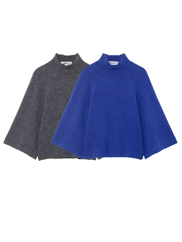 

HH Autumn Women Elegant Long Sleeves Loose Short Pullover Sweater Female O-Collar Wide Sleeve Solid 2-Color Leisure Tops