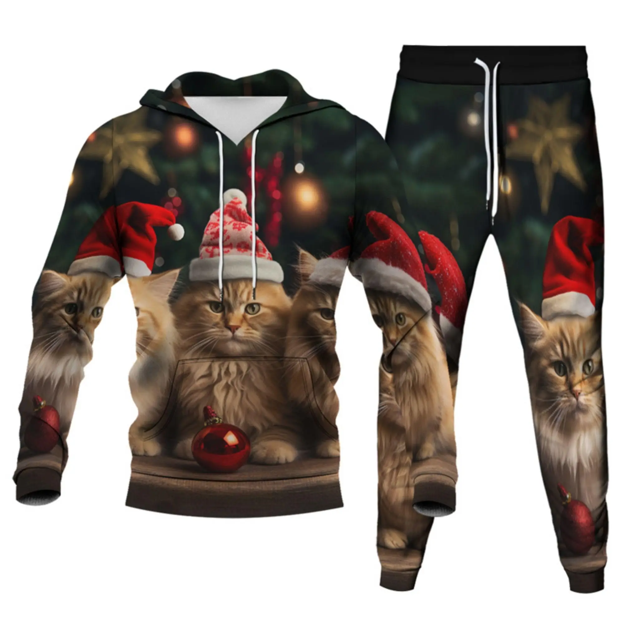 Unisex 3D Christmas Cat Printed Men Women Novelty Xmas Hoodie Adult Kid Two Pieces Tracksuits Sweatshirts Joggers Sweatpants Set