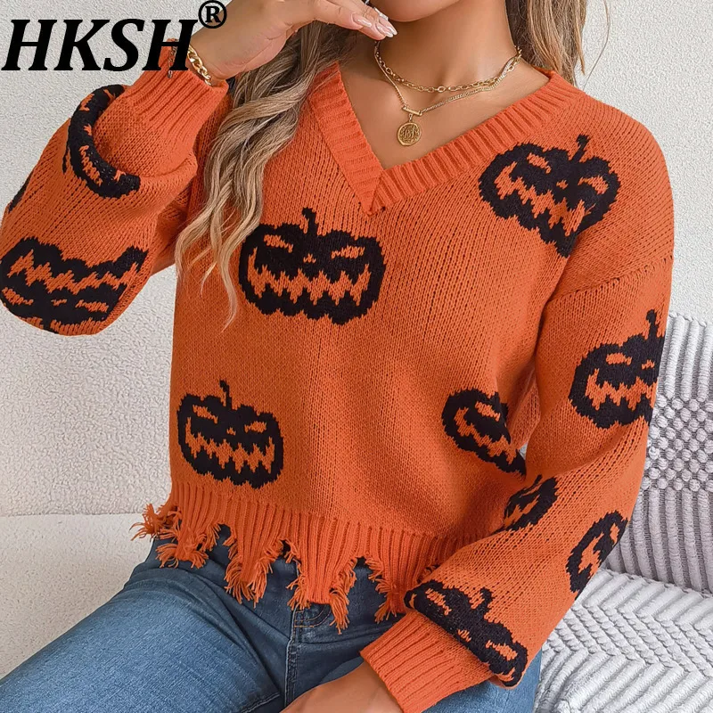 

HKSH Autumn Winter New Women Sweater V-neck Pullover Halloween Pumpkin Contrast Color Long Sleeve Streetwear Knitted Top HK12033