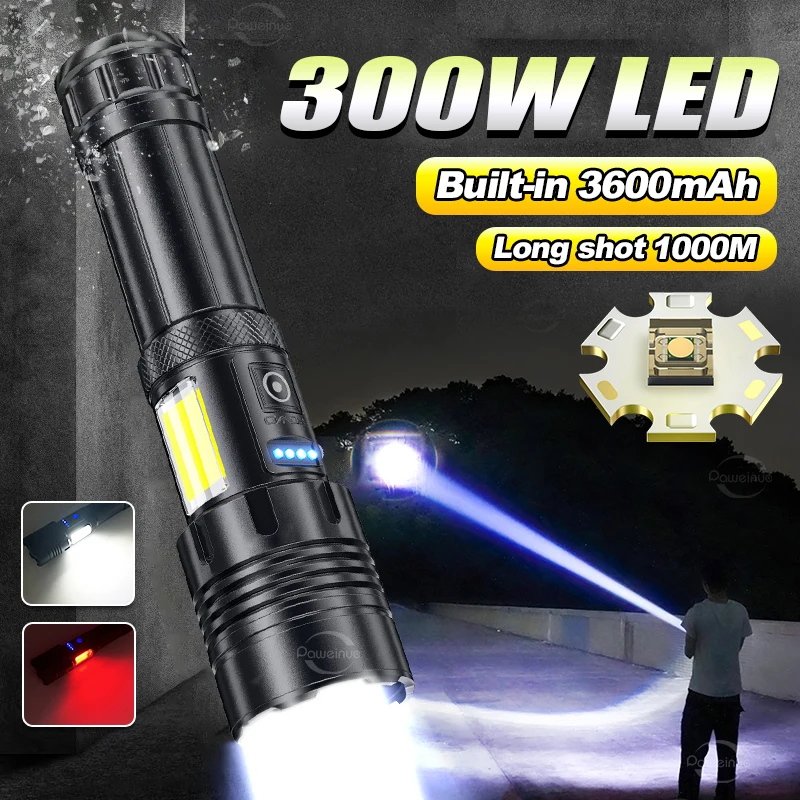 Super 300W Ultra Powerful Flashlight Built 3600mAh Battery Rechargeable Tactical Torch High Power Led Flashlight Camping Lantern