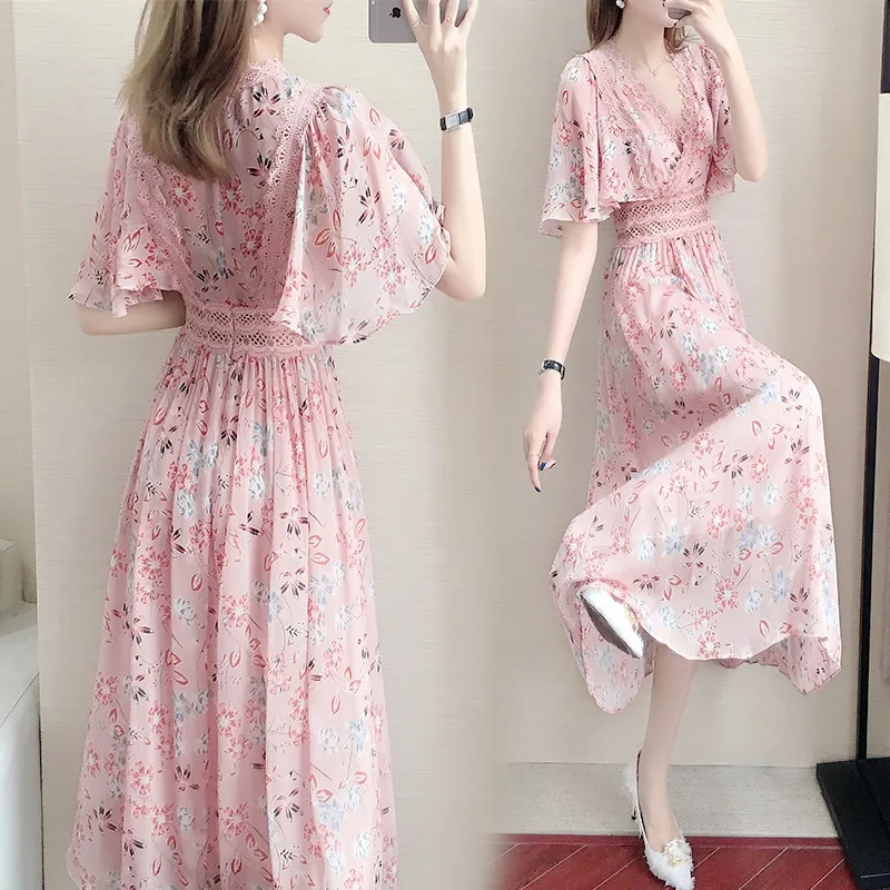 

Small Chiffon Summer 2024 New British Waist Slimming Goddess Temperament over the Knee French Style Dress