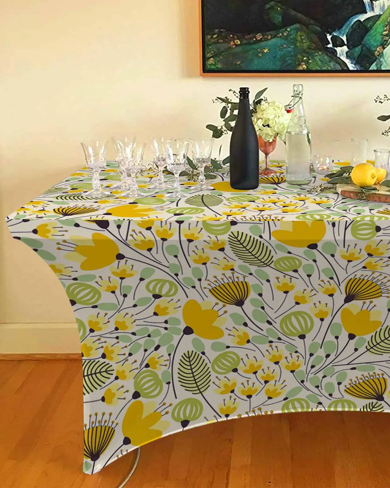 Yellow Geometric Floral Texture Elastic Table Skirt Wedding Birthday Table Decoration Table Skirt Tablecloth for Party