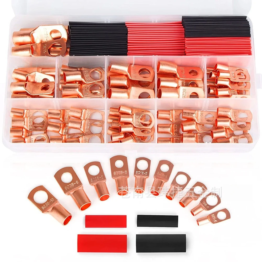 130Pcs SC6-SC35 Copper Wire Lugs Kit Crimp Cable Terminals with Heat Shrink Tubing Assortment Box for Solar Battery