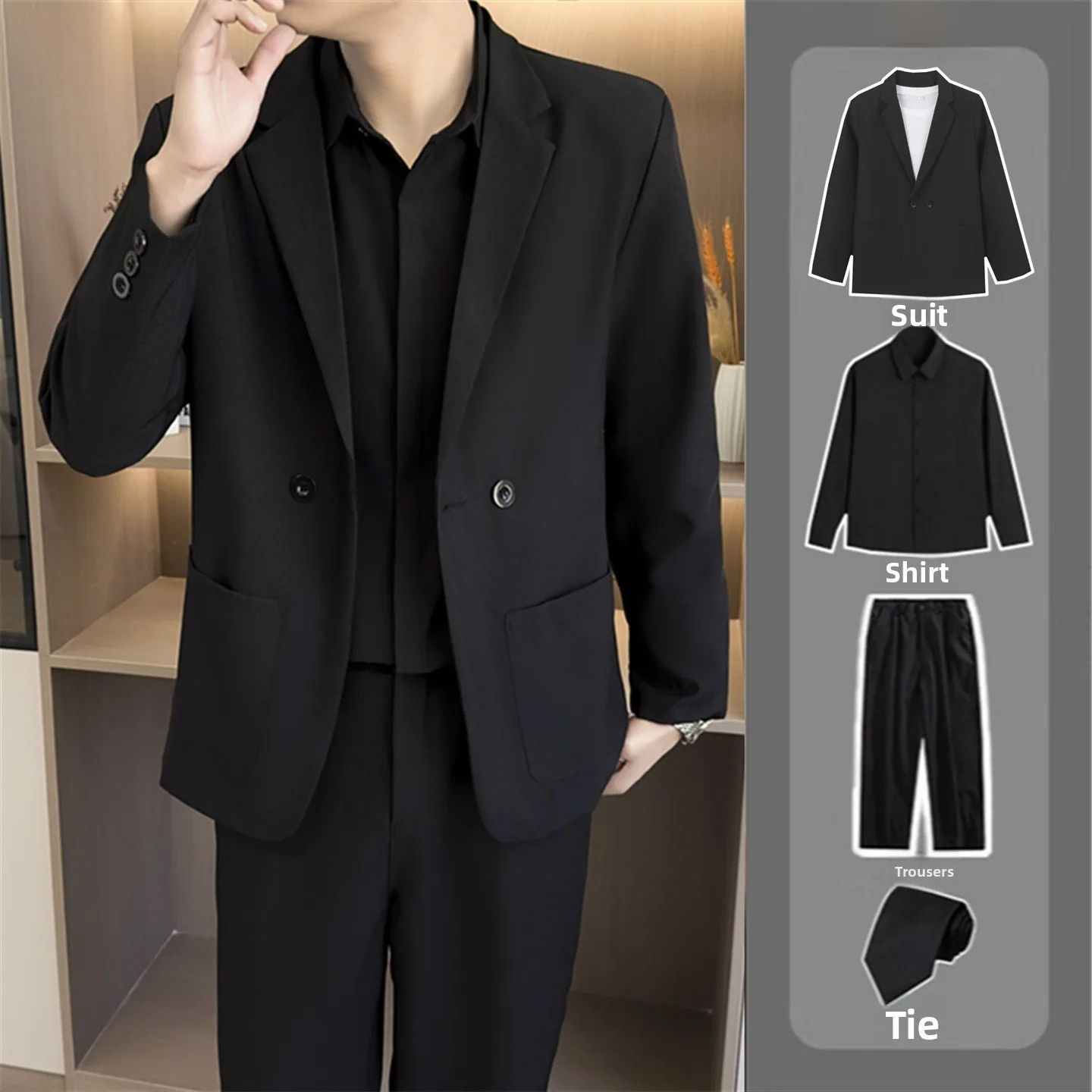 

Bla Busin Suit Set Men's Slim Fit Formal Double Breasted Casual Interview Profional Commute Polyester Fiber Soft