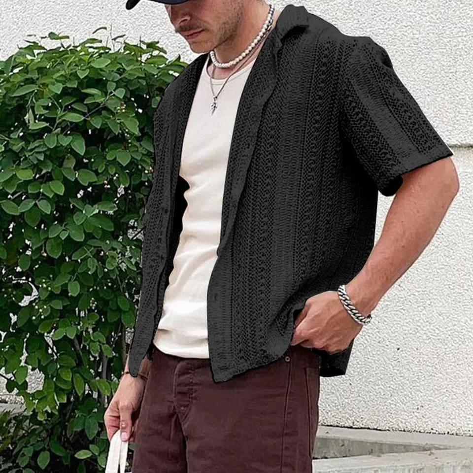 

Casual Short Sleeve Shirt Men Knitted Cardigan Summer Breathable Cool Hollow Out Short Sleeved Shirt Male Korean Street Shirt