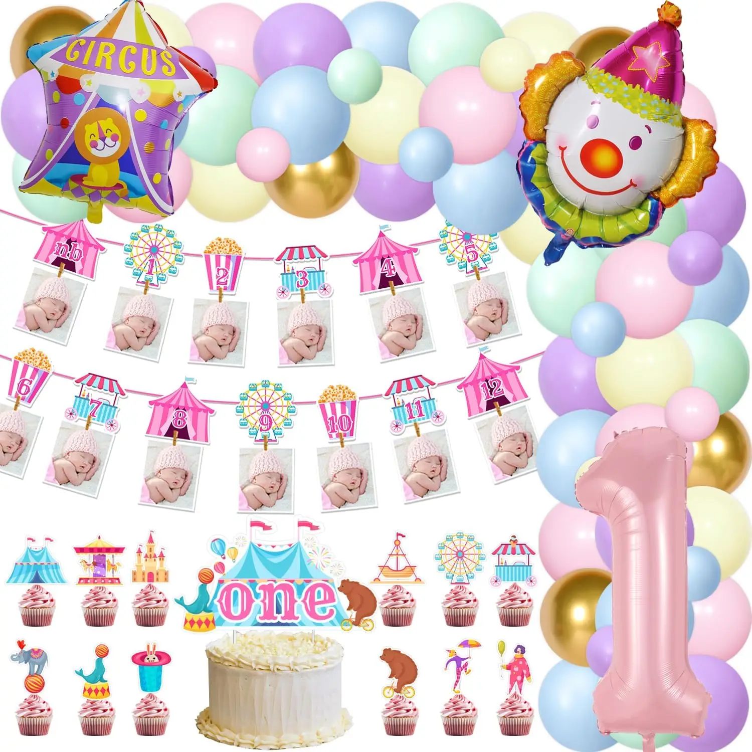 

Circus Carnival Theme 1st Birthday Decor Balloon Garland Arch Photo Banner Cake Toppers for Baby Shower 1st Birthday Supplies