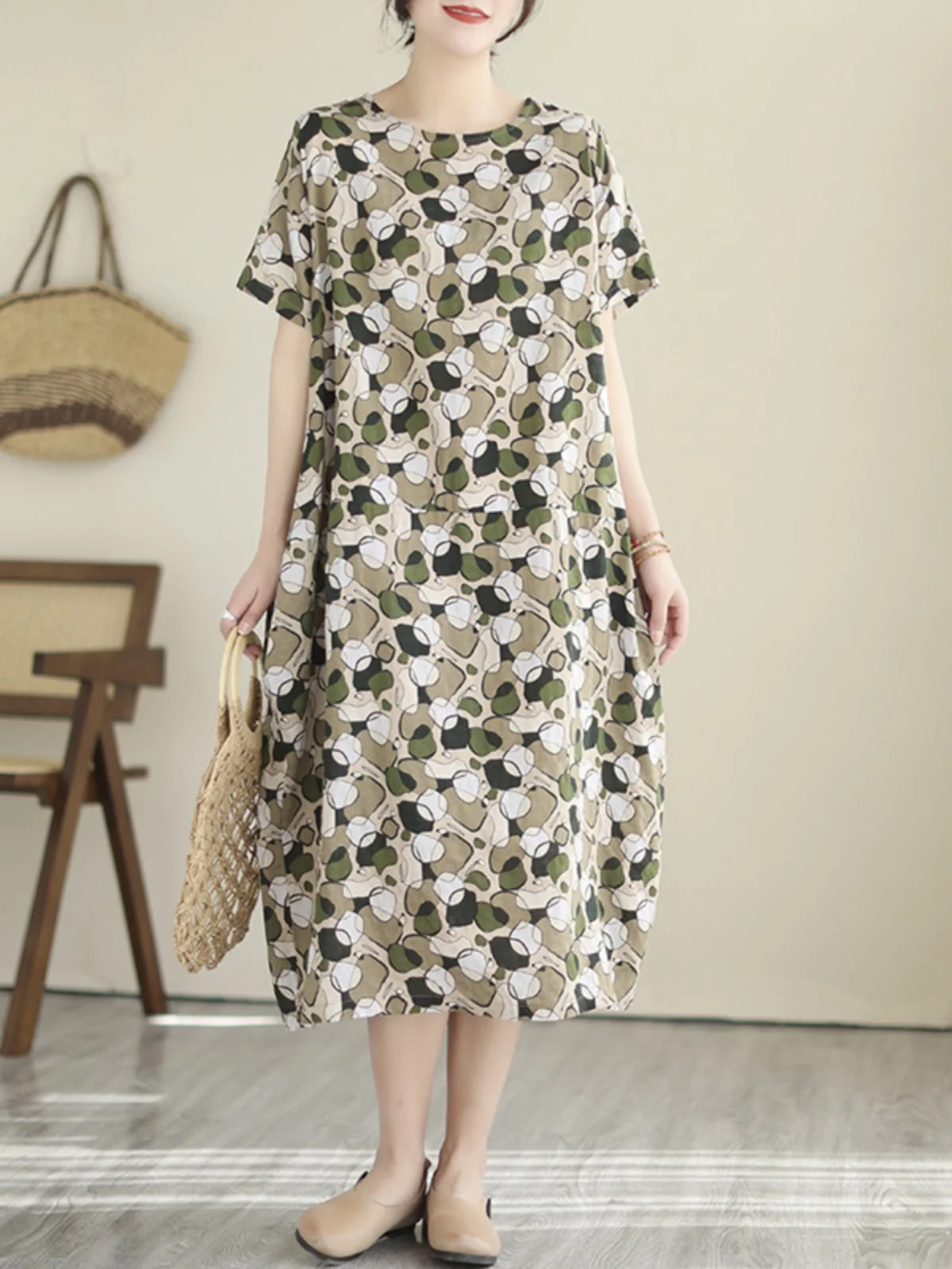 فستان صيفي جديد بطباعة عتيقة من القطن والكتان، فستان طويل بمقاسات كبيرة للنساء، تصميم دائري الرقبة بأكمام قصيرة يغطي الورك، ف... #4