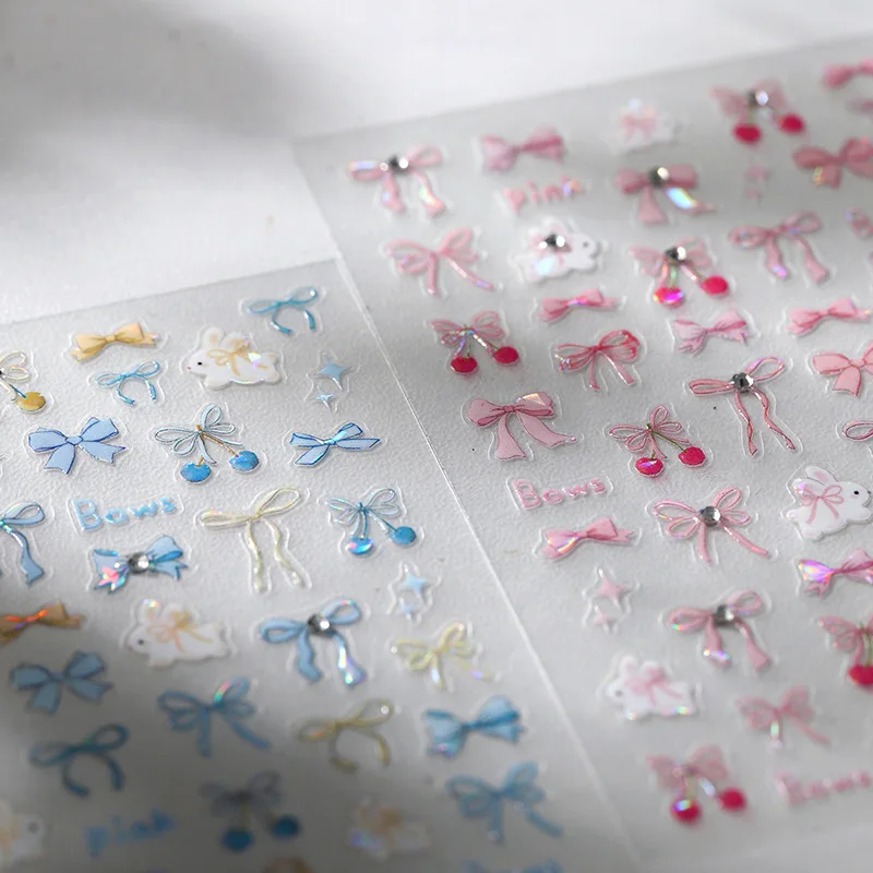 Colorful Bow Cherry Rabbit Bowknot Ribbon Lovely Bunny 5D Nail Art Sticker Self Adhesive Rhinestone Decoration Manicure Decal