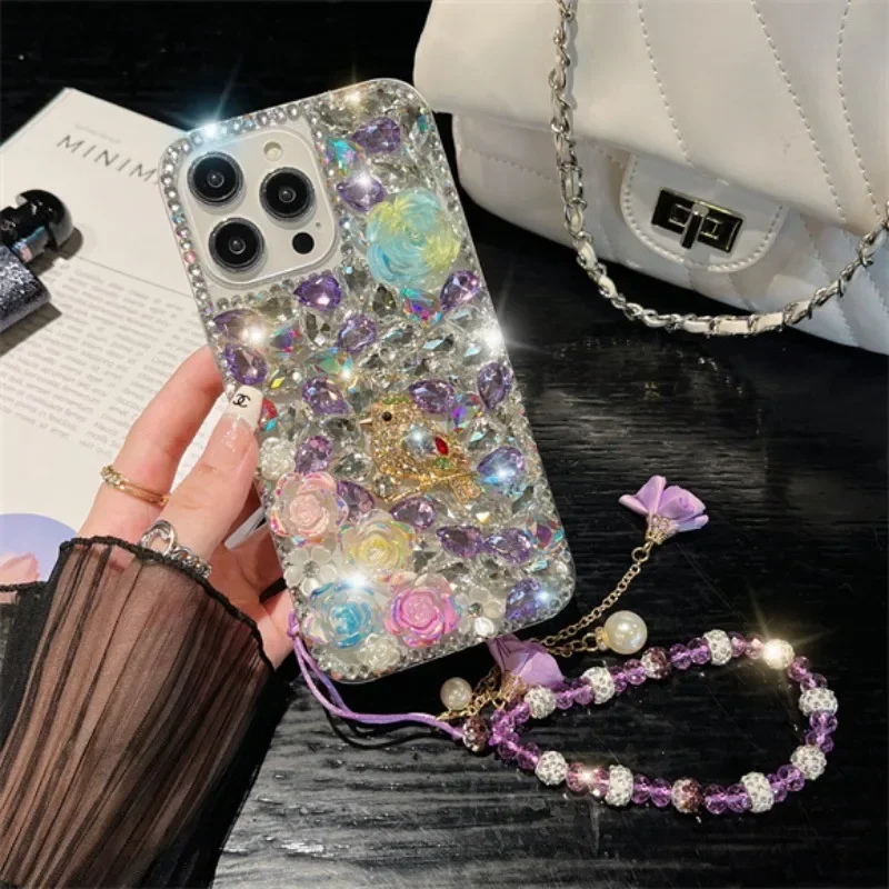 

Luxury Singing Birds and Fragrant Flowers Rhinestone Case For HuaweiP30 P50Pro P40lite Mate30 40 For Honor8X 9X 50 60Pro Cover