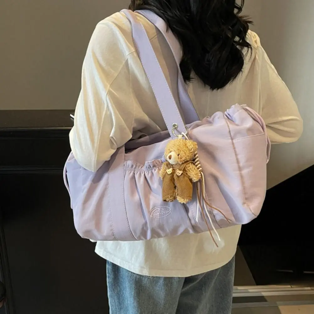 

Casual Sweet Drawstring Tote Bag Pleated Large Capacity Nylon Shoulder Bag Solid Color Minimalist Lightweight Handbag Girls