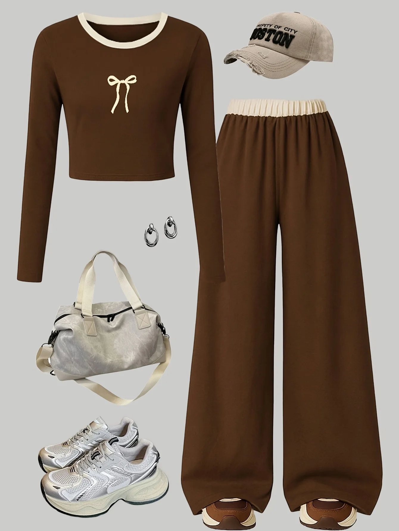 Girls' Spring and Autumn Outfit: Long-sleeve top + loose wide-leg pants two-piece set. Children's bow print outfit in chocolate khaki color, suitable for children over 3 years old