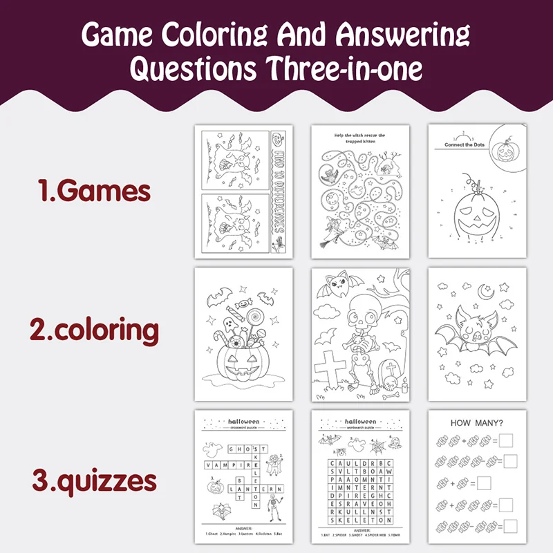 8Pcs/lot Halloween Coloring Book Mini Game Color-in Pages Activity Book With Maze Crossword Puzzle Games Theme Party Favors