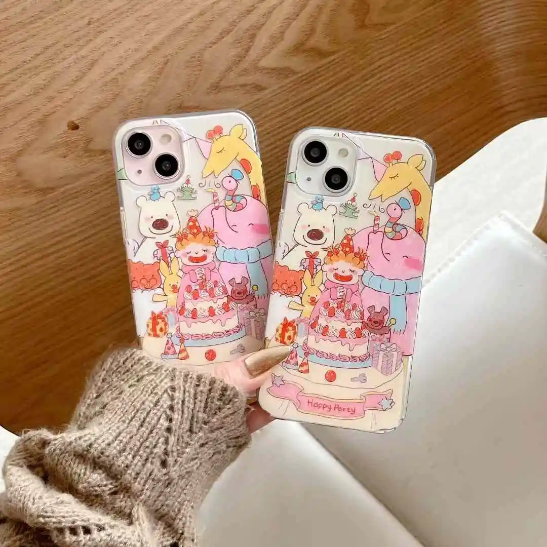 Birthday party Girls and Happy little animal Phone Case For iPhone 16 Pro Max 15 14 Plus 13 12 11 Pro X XR shockproof back Cover