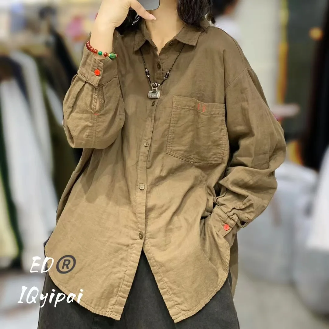 Women Shirt Spring Summer Cotton Linen Solid Color Loose Cardigan Pockets Casual Basic Fashion Blouse Female