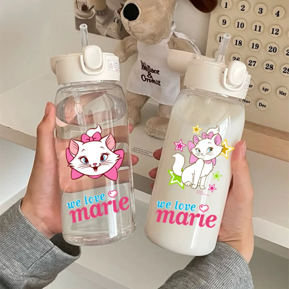 Cartoon 600ml Disney Marie Cat Water Bottle Straw Cup Childrens Portable Leak-proof Drinking Jug Outdoor Camping Travel Sports