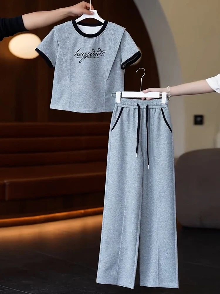 

Повседневный комплект спортивной одежды для женщин, лето 202, модный комплект из двух предметов больших размеров, простой дизайн, удобный хлопковый круглый комплект Ne ort Sve