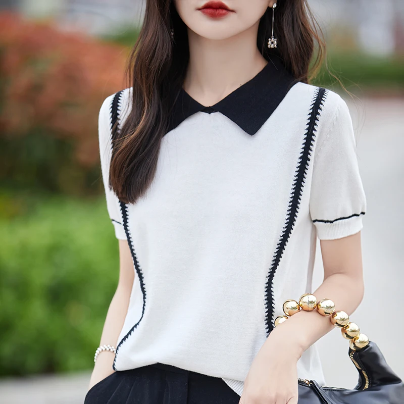 Women\'s T-shirt 100% Cotton Sweater Short Sleeve Fashion Turn-down Collar Ladies Tops Loose Blouse Spliced Pullover Tees