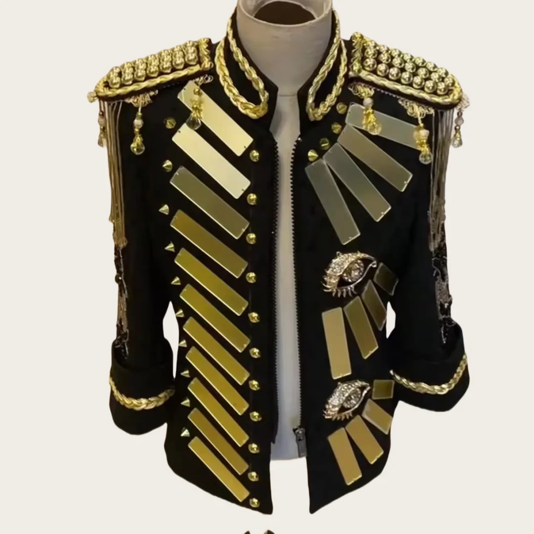 Royal Style Gold Metal Rivet Lens Slim Jacket Men Banquet Wedding Embroidery Dress Bar Club Stage Show Performance Coat