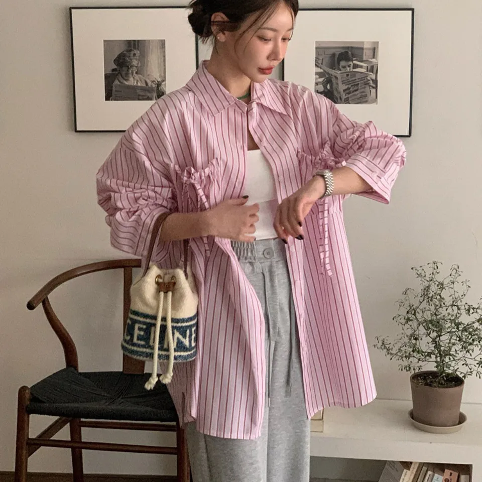 Chic Vintage Striped Long Sve Loose Women's irt Korean Sle Commute Faion Agel Design Trendy Match All Autumn