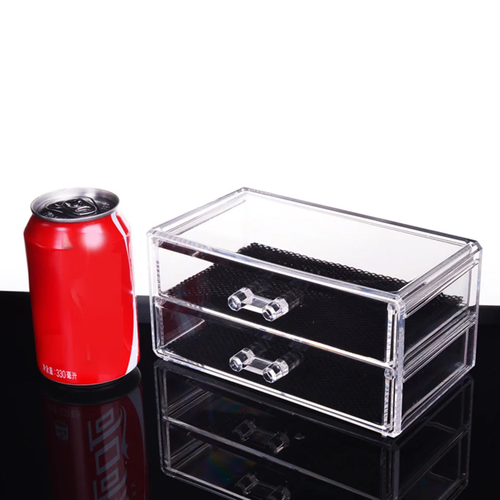 Organizador de joias e cosméticos transparente, 2 camadas, caixa de armazenamento, suporte de maquiagem, gavetas removíveis, acolchoamento de malha, cubo de exibição para decoração