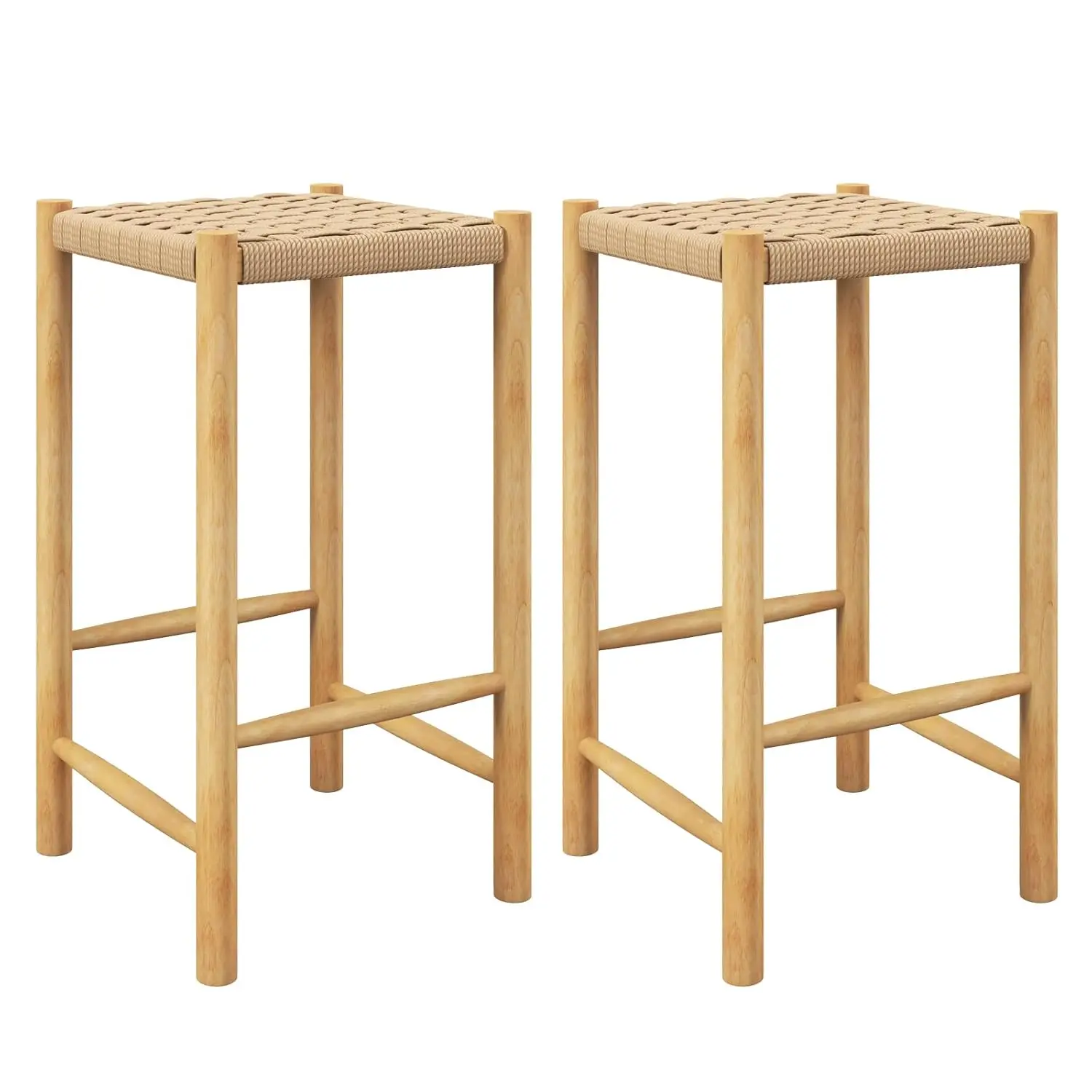 

26" Counter Height Wood Bar Stools Set of 2, Boho Rattan Barstools, Max Load 330 Lbs, Armless Saddle Kitchen Stools, Backless Wi