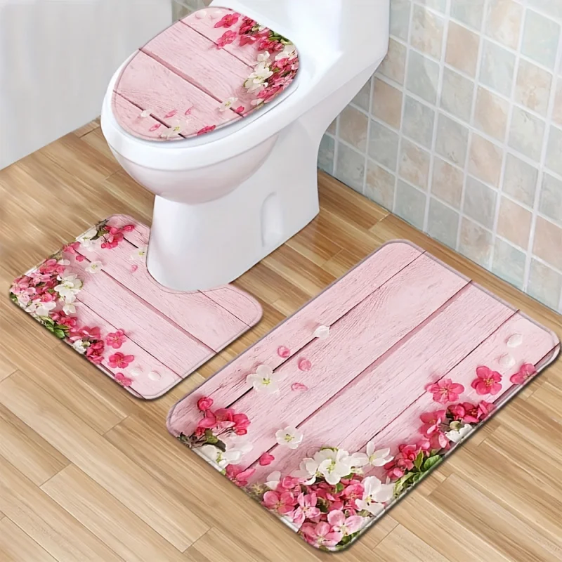 1/3PCs girly pink flowers pattern wooden texture floor mat set, cover, bathroom rug, toilet water absorbent door Ma