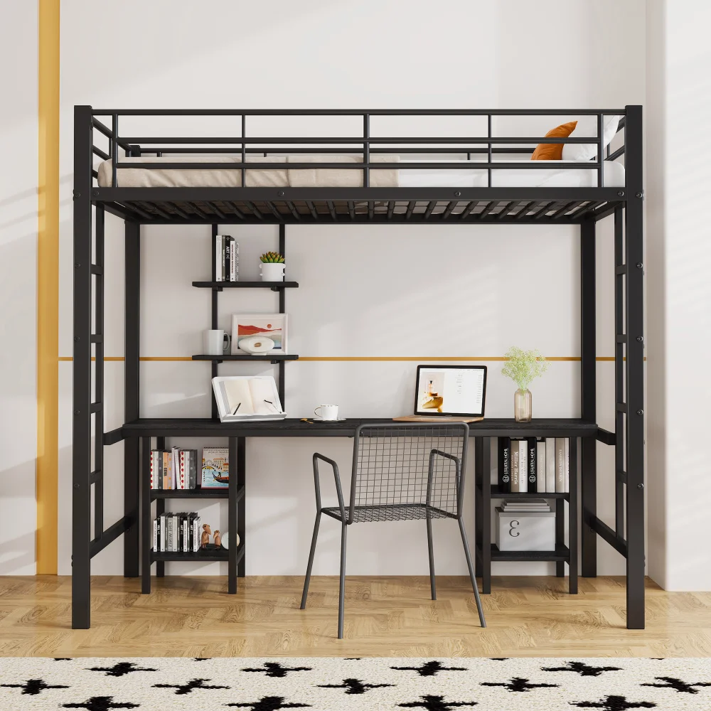 High bed with table and shelves for children and teen, black, 90x200cm, iron + MDF, with case protection grille