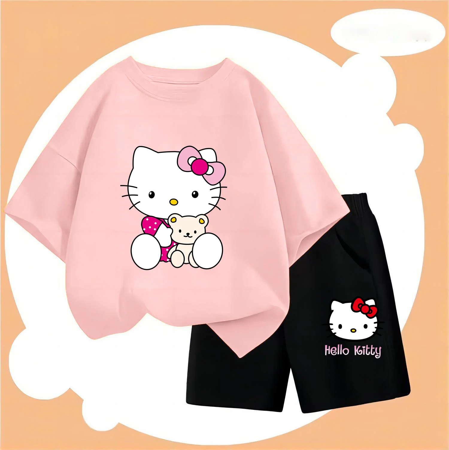 

Hello Kitty Kids Tshirt Set Kuromi Girls T-shirts Short Sleeve Streetwear Pullover Baby Boy Clothes Sets Casual Sanrio Tops