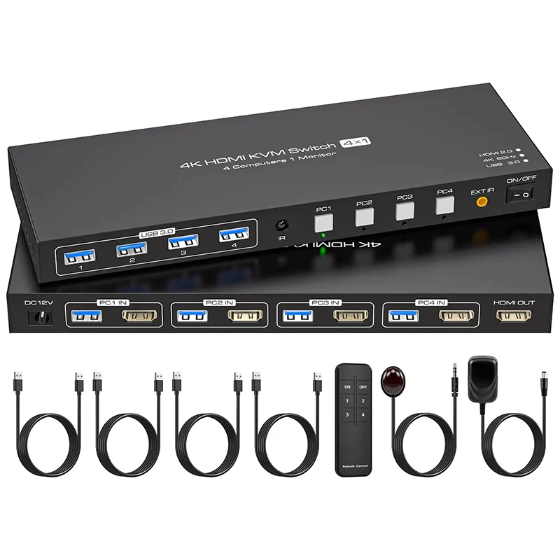 4K HDMI KVM Switch 4 Computers 1 Monitor, 4K@60Hz 4 Port KVM Switches 4 in 1 Out Support 4 PCs Share 1 Monitor and 4 USB Devices