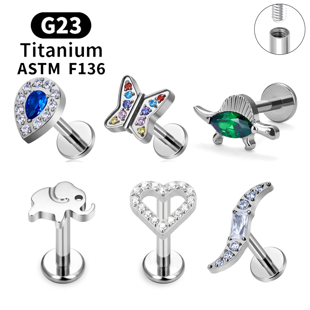 G23 Titanium Ear Studs Piercing Tragus Cartilage Conch Earrings Heart Zircon Internal Thread 16G Labret Lip Ring Body Jewelry