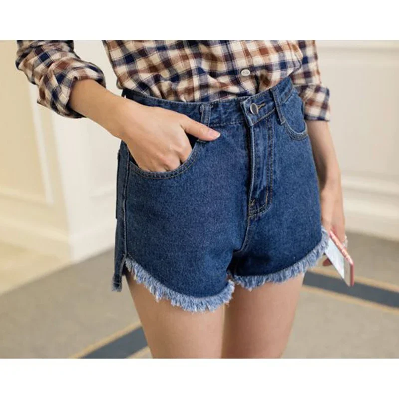 

Women Fringe High Waisted Thin Jeans Pants New Summer Women Dark Blue Short Jeans Female Chic Ripped Baggy Wide Leg Denim Shorts