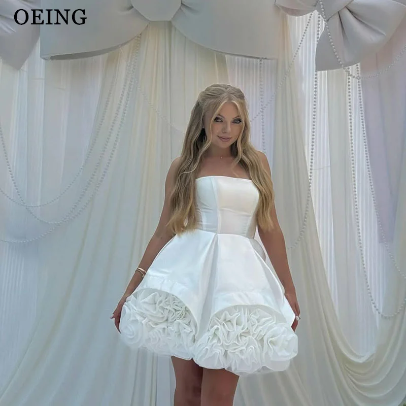 

OEING Elegant A-Line Beige Prom Dresses Strapless 3D Flowers Satin Sleeveless Party Gowns Mini Cocktail Dresses Customized