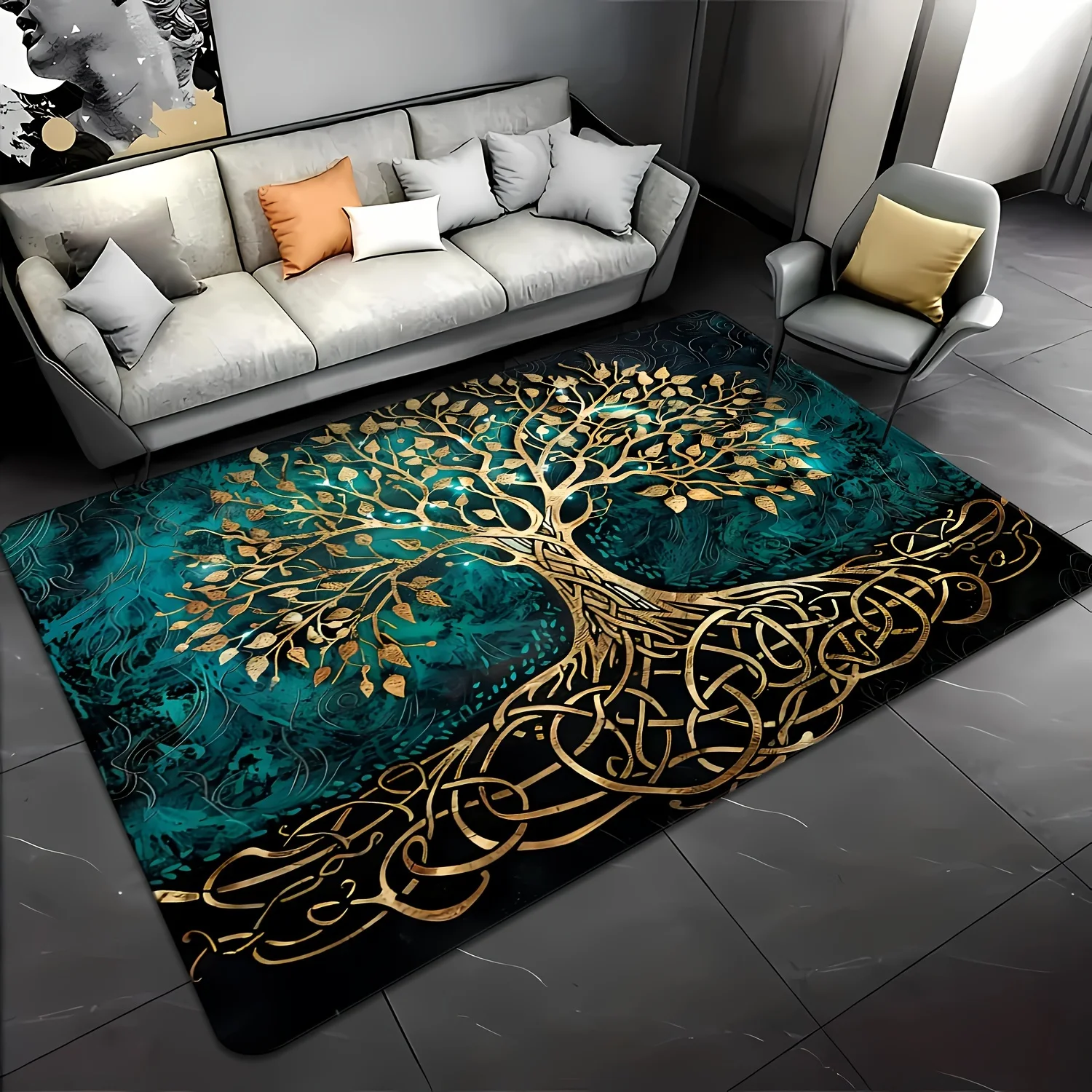 [Item] 1pc Golden Leaf Tree Carpet - Machine Washable - Area Rug for Living Room Coffee Table, Bedroom, Entry Door Mat