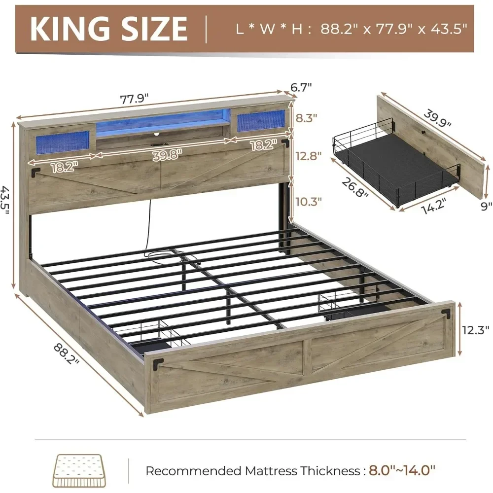 King Bed Frame with Headboard & 2 Drawers, Headboard with LED Lights and Charging Station, Wooden Bed Frame