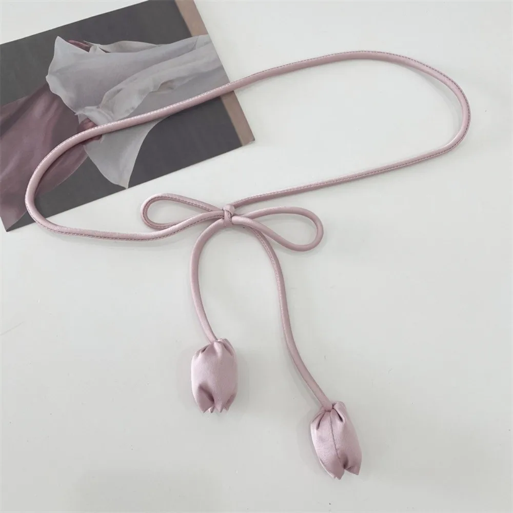 Unico cinturino in pelle PU con cordino a tulipano, lungo e sottile, annodato, cintura per abito, forma rotonda, allacciatura, fiore, corda in vita, abito da donna
